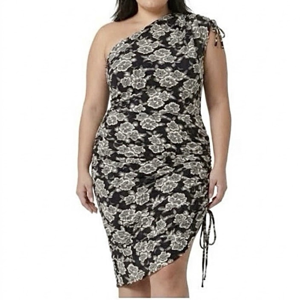 LANE BRYANT Bodycon Dress sz 26/28 One Shoulder Black Ivory Floral Stretch NWT